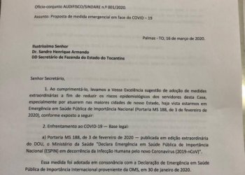 SINDARE e AUDIFISCO solicitam medidas emergenciais no âmbito da SEFAZ-TO para o combate do COVID - 19.