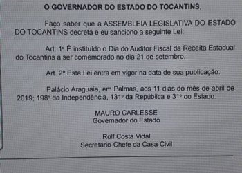 Tocantins institui o Dia do Auditor Fiscal