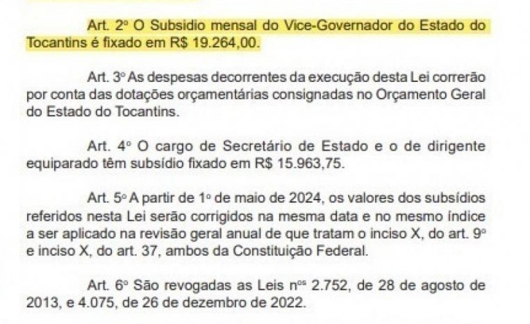 Sancionada lei do novo limite remuneratório do servidor público estadual do Tocantins